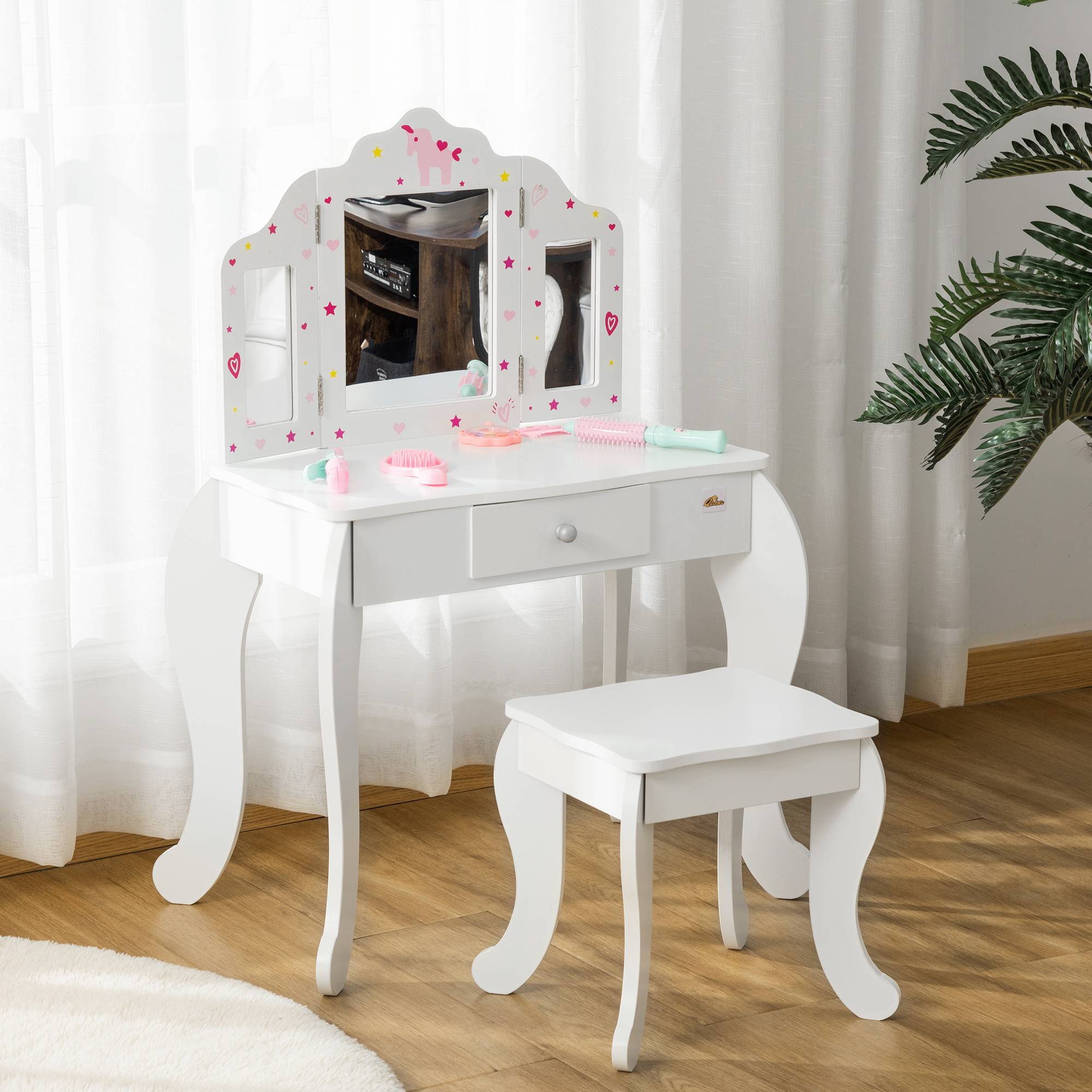 Sans Marque - Coiffeuse Enfant avec Tabouret, Miroir triptyque et tiroir Coulissant - Coiffeuse dim. 63L x 40l x 85,5H cm - Image 4