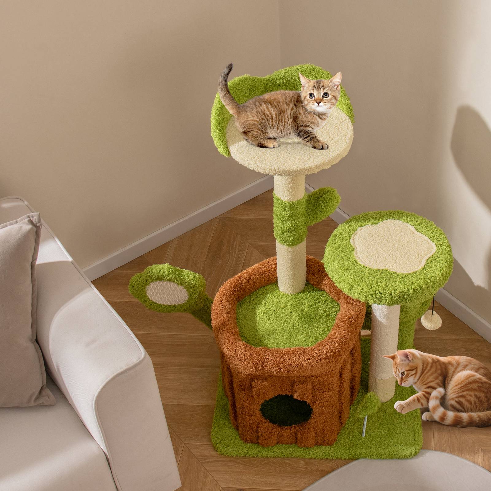 Petit Arbre à Chat 92 cm, Arbre a Chat Cactus, Condo, Poteaux et Planche à Griffer en Sisal, 4 Plateformes, Tour pour Chaton, Pompon, Jouet à Ressort - Image 2