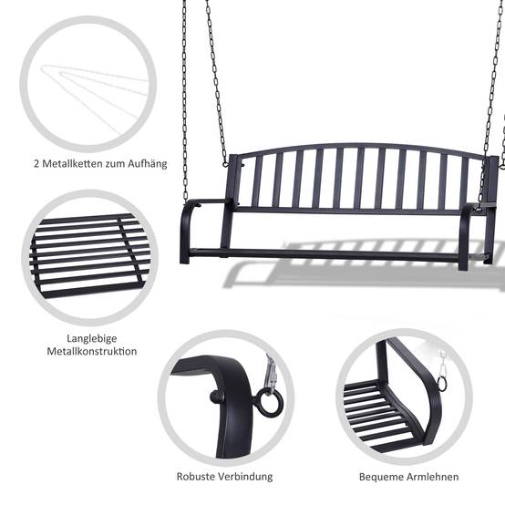 Banc Suspendu 2 Places Métal Noir Jardin Chaînes Incluses Assise Large 127x60cm - ComfortXL Outdoor Living - Image 7