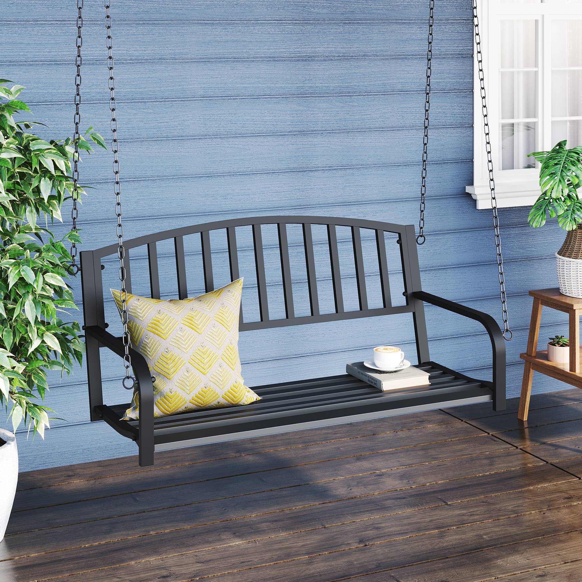 Banc Suspendu 2 Places Métal Noir Jardin Chaînes Incluses Assise Large 127x60cm - ComfortXL Outdoor Living - Image 4