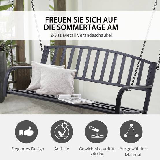 Banc Suspendu 2 Places Métal Noir Jardin Chaînes Incluses Assise Large 127x60cm - ComfortXL Outdoor Living - Image 6