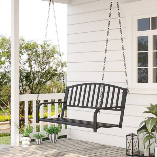 Banc Suspendu 2 Places Métal Noir Jardin Chaînes Incluses Assise Large 127x60cm - ComfortXL Outdoor Living - Image 3