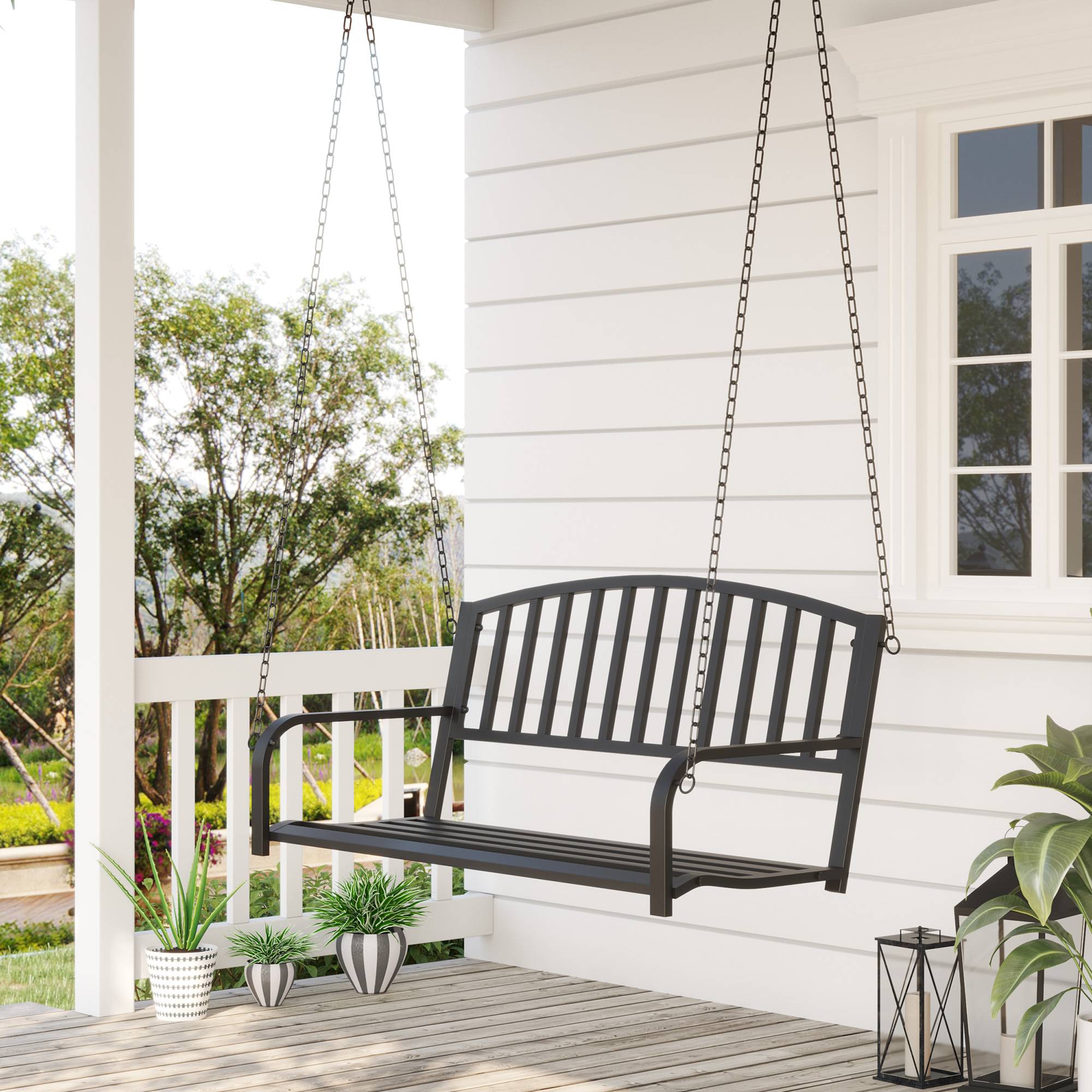 Banc Suspendu 2 Places Métal Noir Jardin Chaînes Incluses Assise Large 127x60cm - ComfortXL Outdoor Living - Image 3