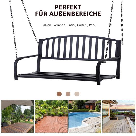 Banc Suspendu 2 Places Métal Noir Jardin Chaînes Incluses Assise Large 127x60cm - ComfortXL Outdoor Living - Image 8