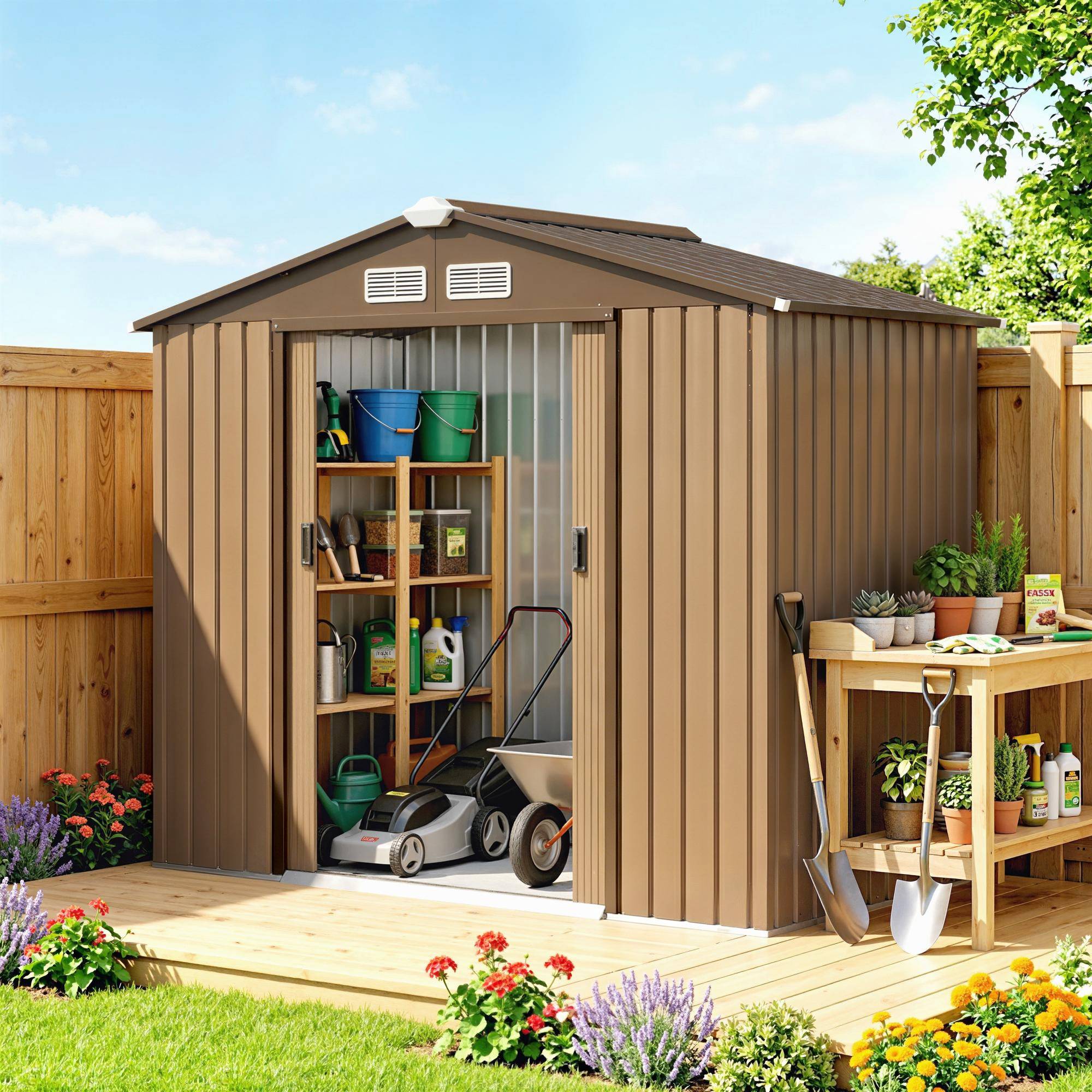 Abri de jardin 213x130x185 cm remise métallique extérieure outils kaki - Image 3