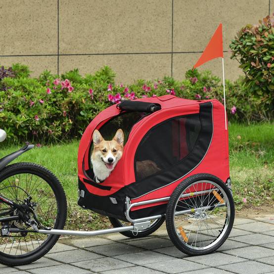 Remorque vélo pour chien avec 1 drapeau et 8 réflecteurs, 130 x 73 x 90 cm, rouge et noire - Image 2