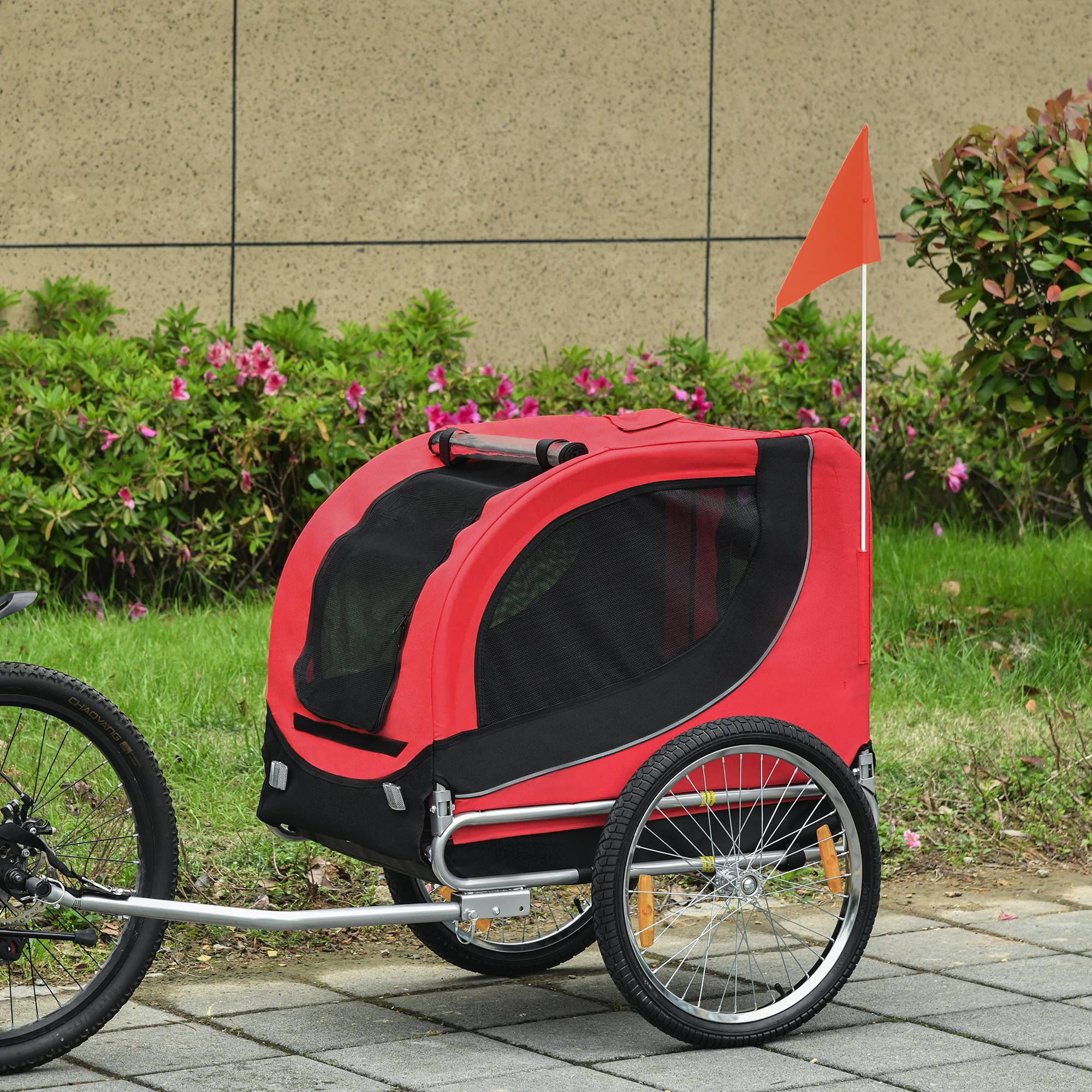 Remorque vélo pour chien avec 1 drapeau et 8 réflecteurs, 130 x 73 x 90 cm, rouge et noire - Image 3