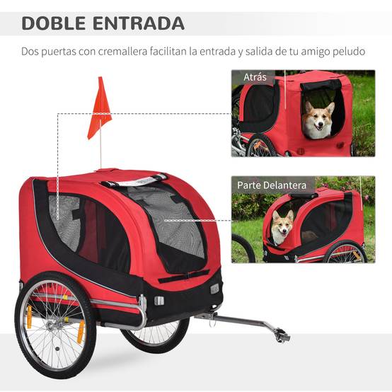 Remorque vélo pour chien avec 1 drapeau et 8 réflecteurs, 130 x 73 x 90 cm, rouge et noire - Image 5