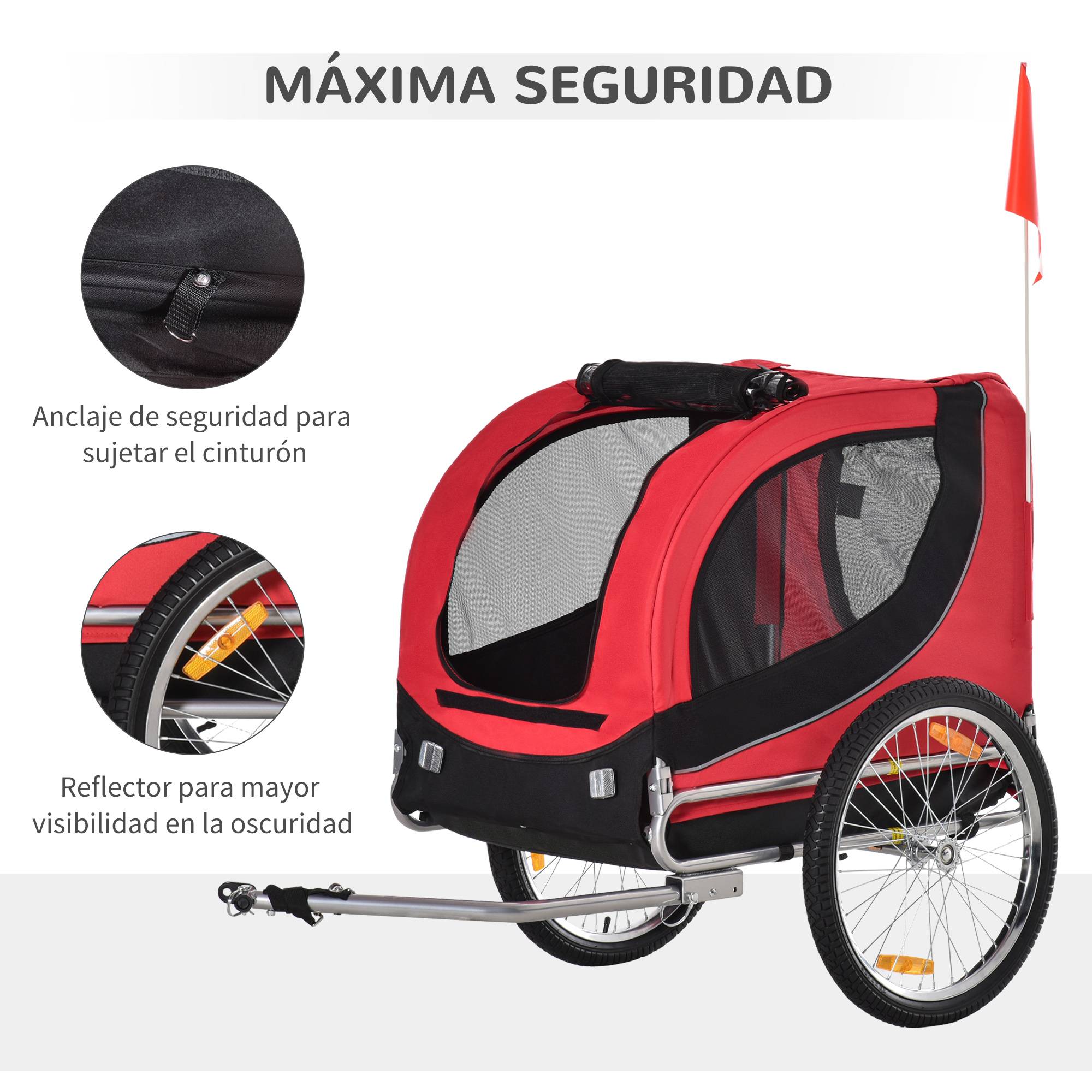 Remorque vélo pour chien avec 1 drapeau et 8 réflecteurs, 130 x 73 x 90 cm, rouge et noire - Image 8