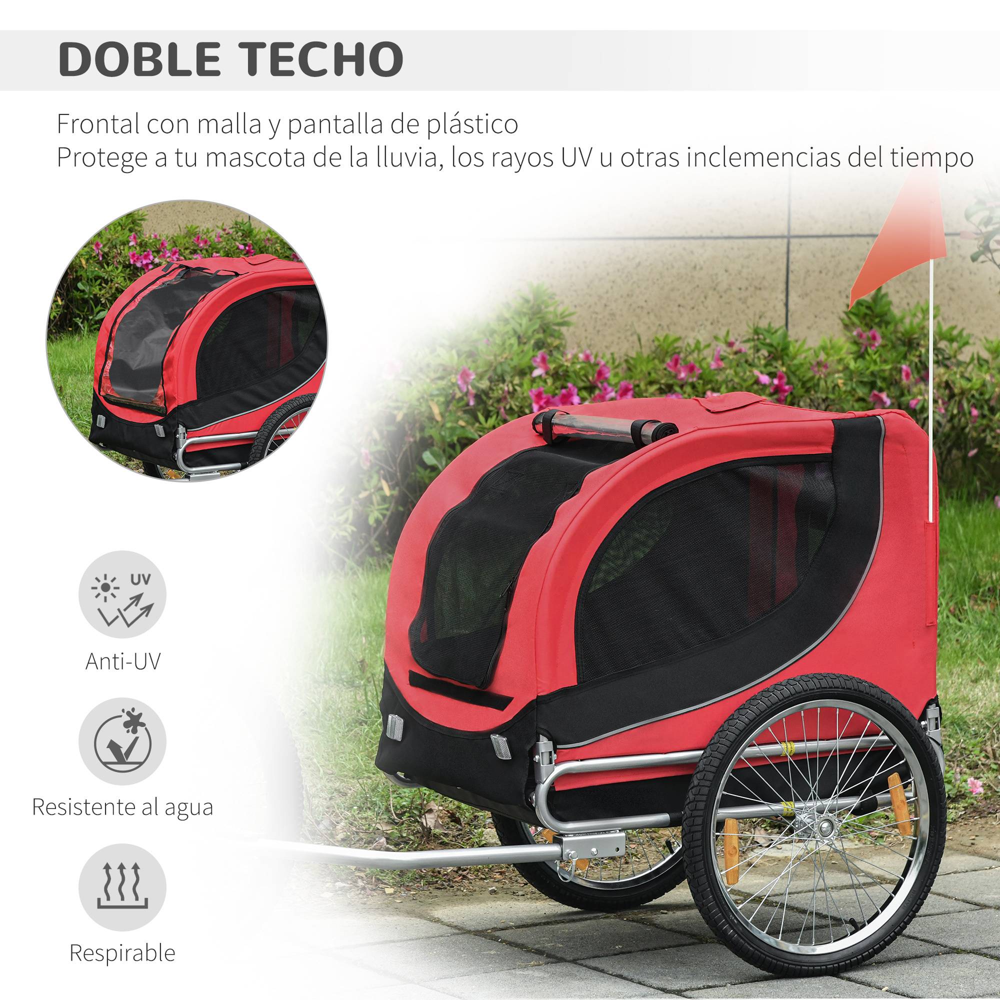 Remorque vélo pour chien avec 1 drapeau et 8 réflecteurs, 130 x 73 x 90 cm, rouge et noire - Image 6