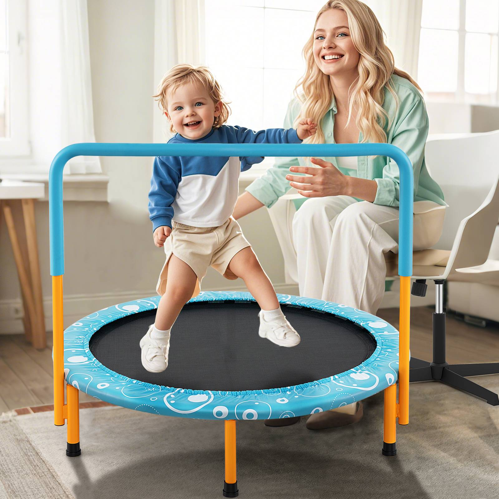 Costway - Mini Trampoline Enfants Pliable 92 cm avec Housse de Sécurité Matelassée et Poignée Recouverte, Charge maximale 150 KG, pour 3-10 Ans+ - Image 2