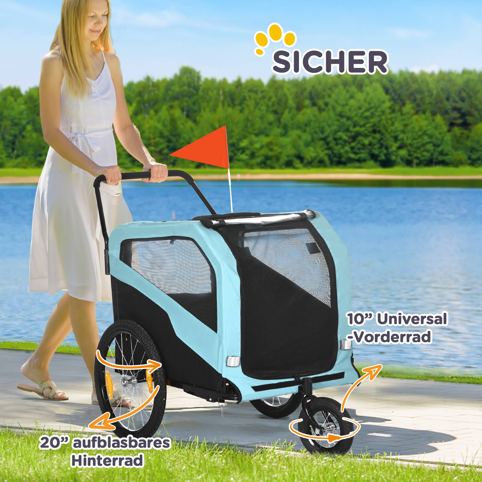 Remorque chien 2-en-1 poussette 2 entrées filets pare-soleil acier bleu clair 170 x 77 x 90 cm - Image 9