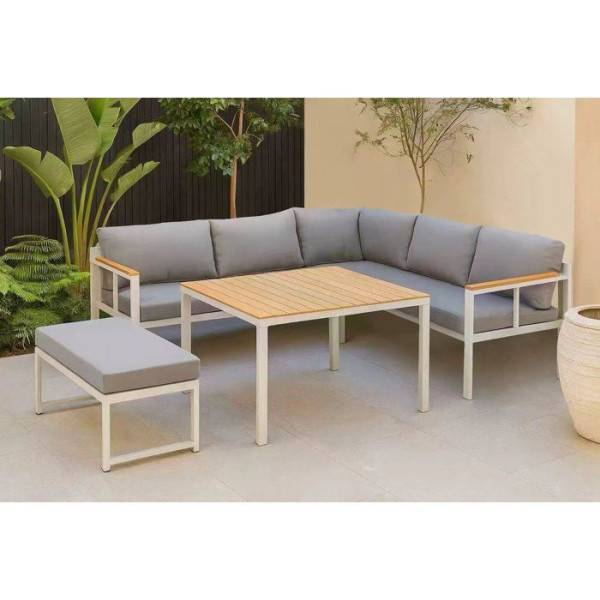 Salon de jardin d'angle 6 personnes - Aluminium - BAIA - canapé d'angle + 1 banc + table haute - Gris - Image 2