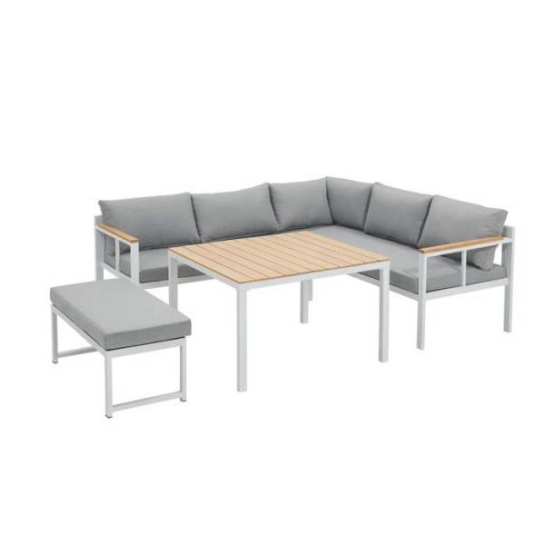 Salon de jardin d'angle 6 personnes - Aluminium - BAIA - canapé d'angle + 1 banc + table haute - Gris - Image 1