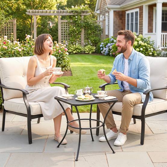 Table de jardin carrée en acier avec plateau perforé, 45x45x50 cm, noire - Image 4