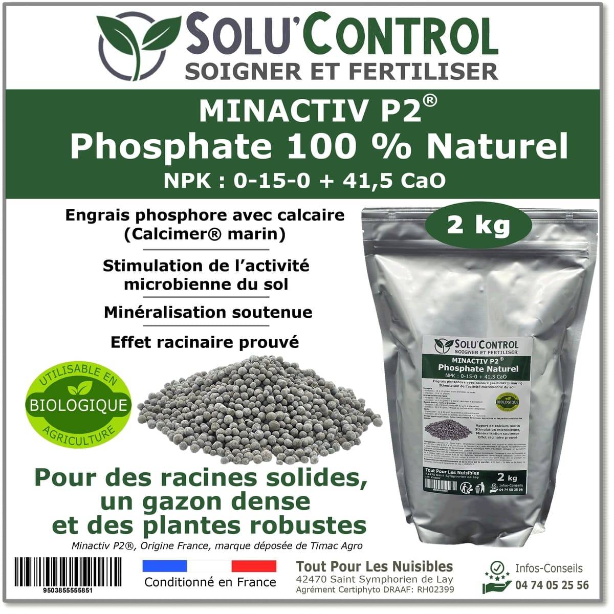 SOLU’CONTROL - 2 kg de Minactiv P2® – Engrais phosphate naturel – Avec Calcimer® marin et stimulateur microbien – Racines solides, gazon dense
