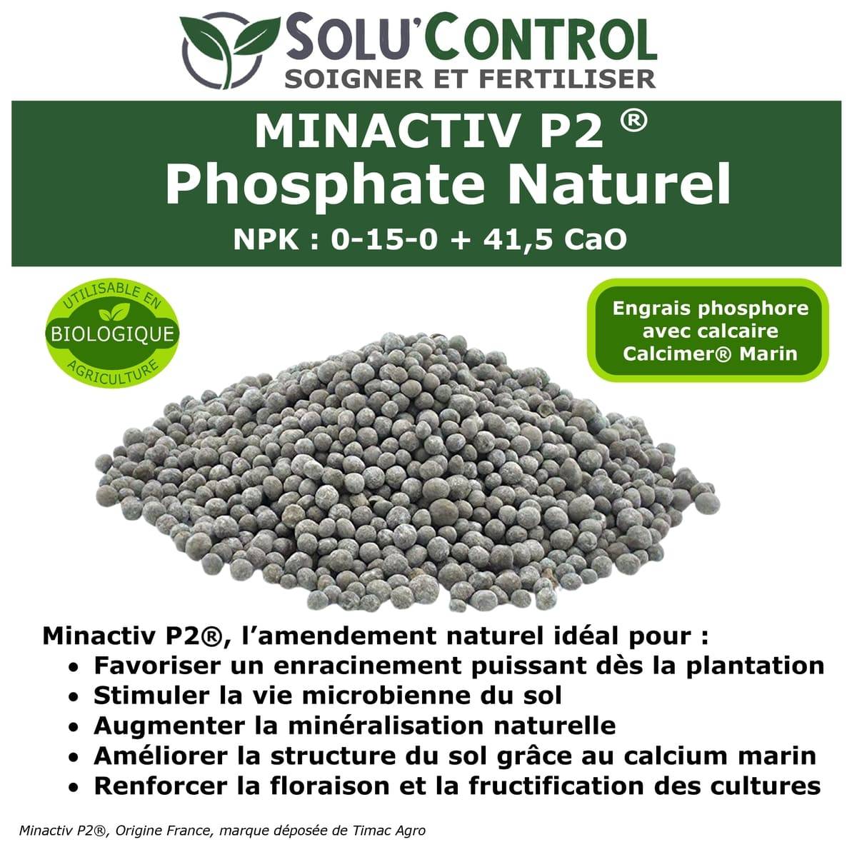 SOLU’CONTROL - 2 kg de Minactiv P2® – Engrais phosphate naturel – Avec Calcimer® marin et stimulateur microbien – Racines solides, gazon dense - Image 2