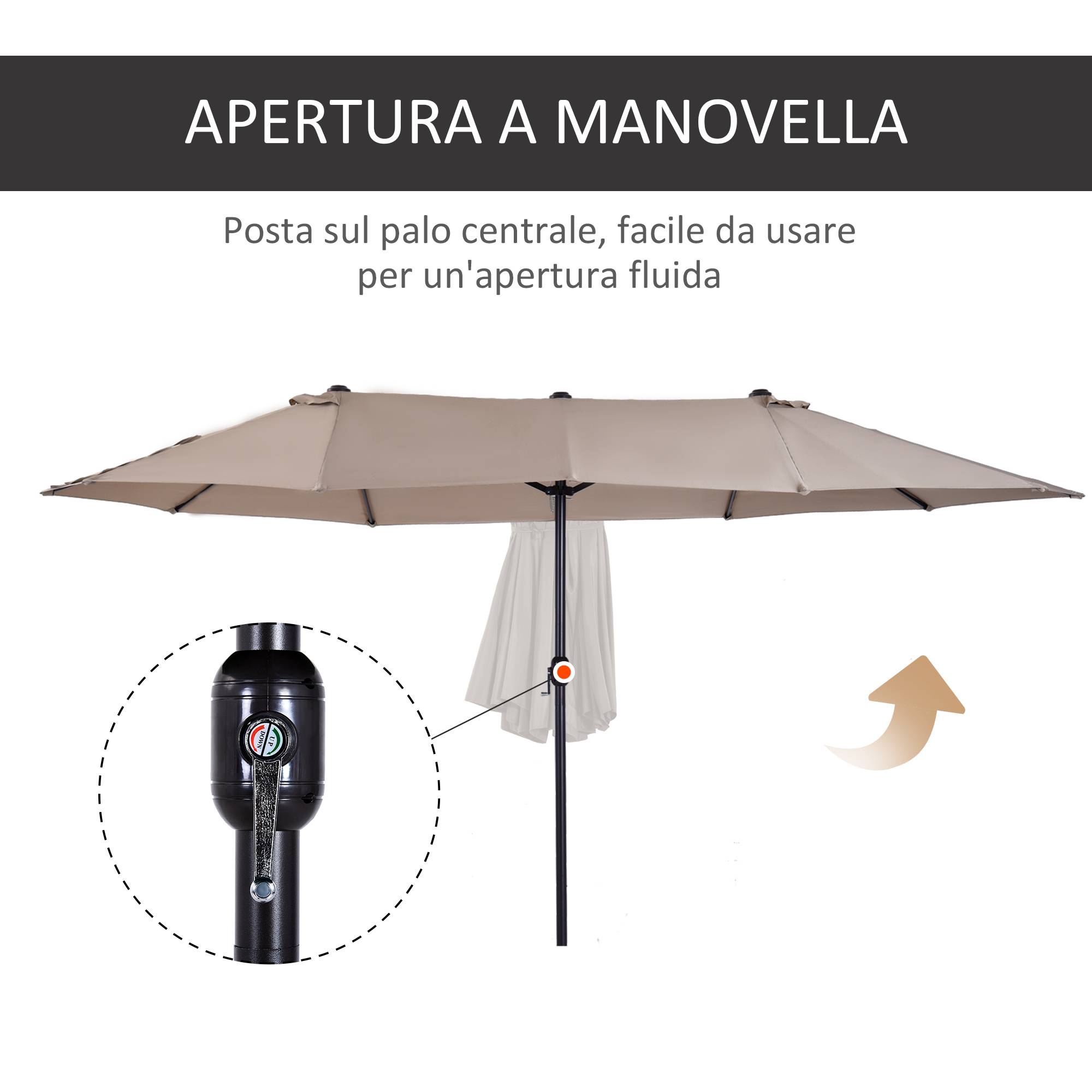 Parasol double de jardin à ouverture par manivelle, en acier et polyester, 455 x 265 x 238 cm - Image 7