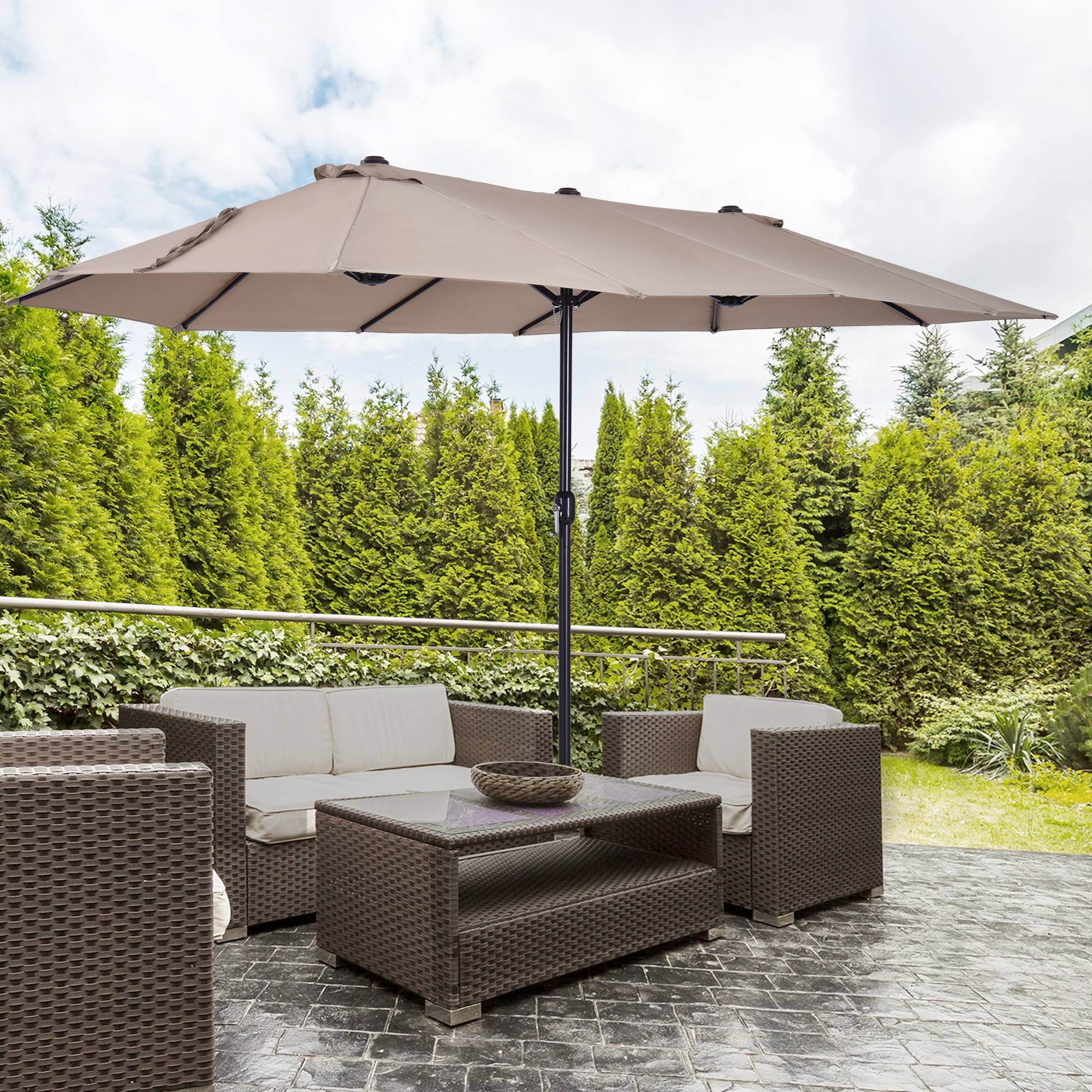 Parasol double de jardin à ouverture par manivelle, en acier et polyester, 455 x 265 x 238 cm - Image 4