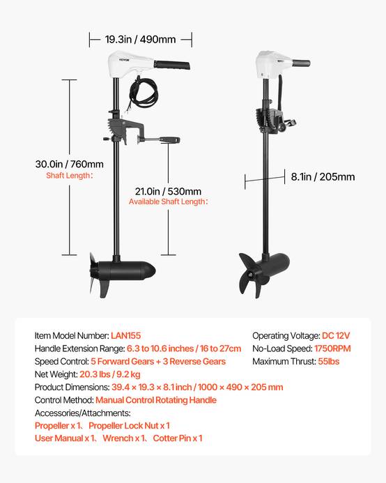 Vevor - Moteur hors-bord électrique VEVOR 25 kg 12 V, tige 760 mm, 5 AV 3 AR, indicateur batterie, kayak, eau douce/salée - Image 6