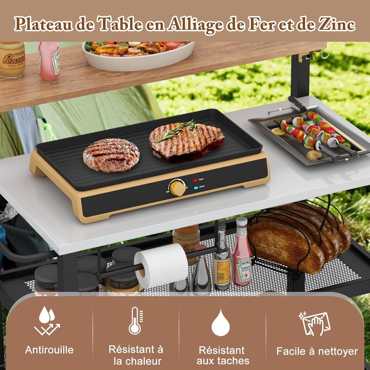 Desserte Extérieure à roulettes avec Table Rabattable, Chariot Service de Cuisine à 3 Étagères - Image 6