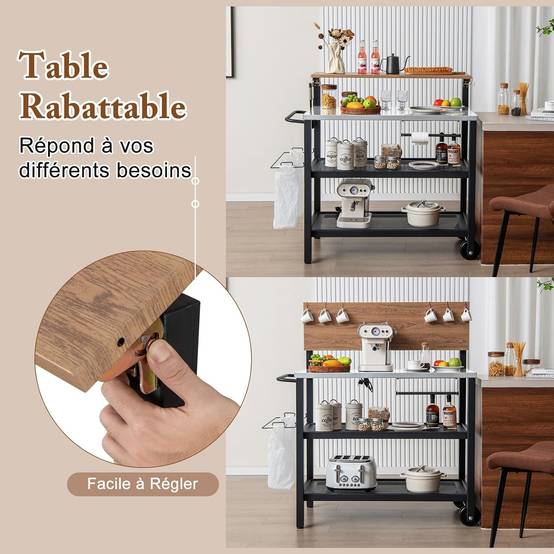 Desserte Extérieure à roulettes avec Table Rabattable, Chariot Service de Cuisine à 3 Étagères - Image 7
