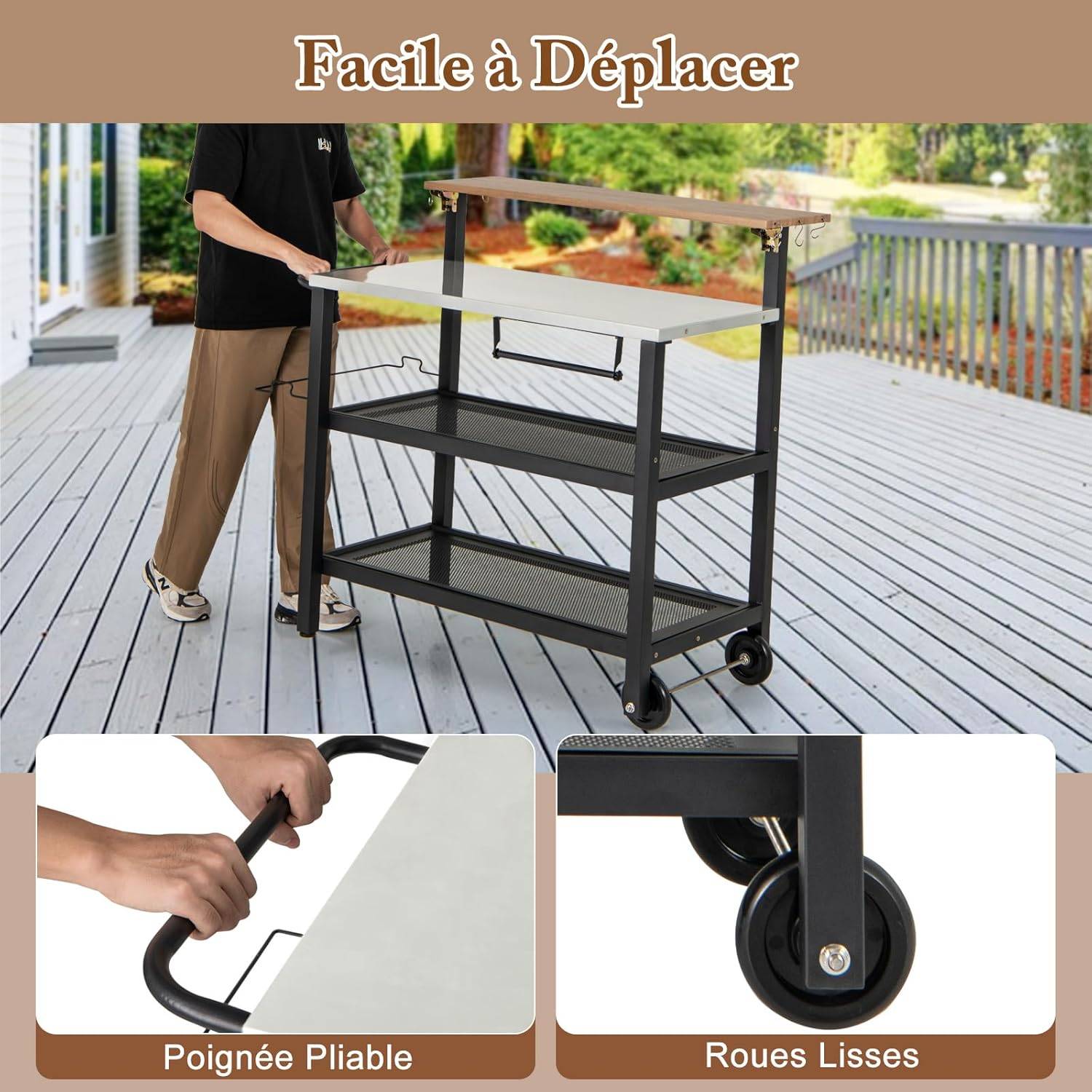 Desserte Extérieure à roulettes avec Table Rabattable, Chariot Service de Cuisine à 3 Étagères - Image 8