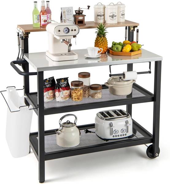 Desserte Extérieure à roulettes avec Table Rabattable, Chariot Service de Cuisine à 3 Étagères - Image 1