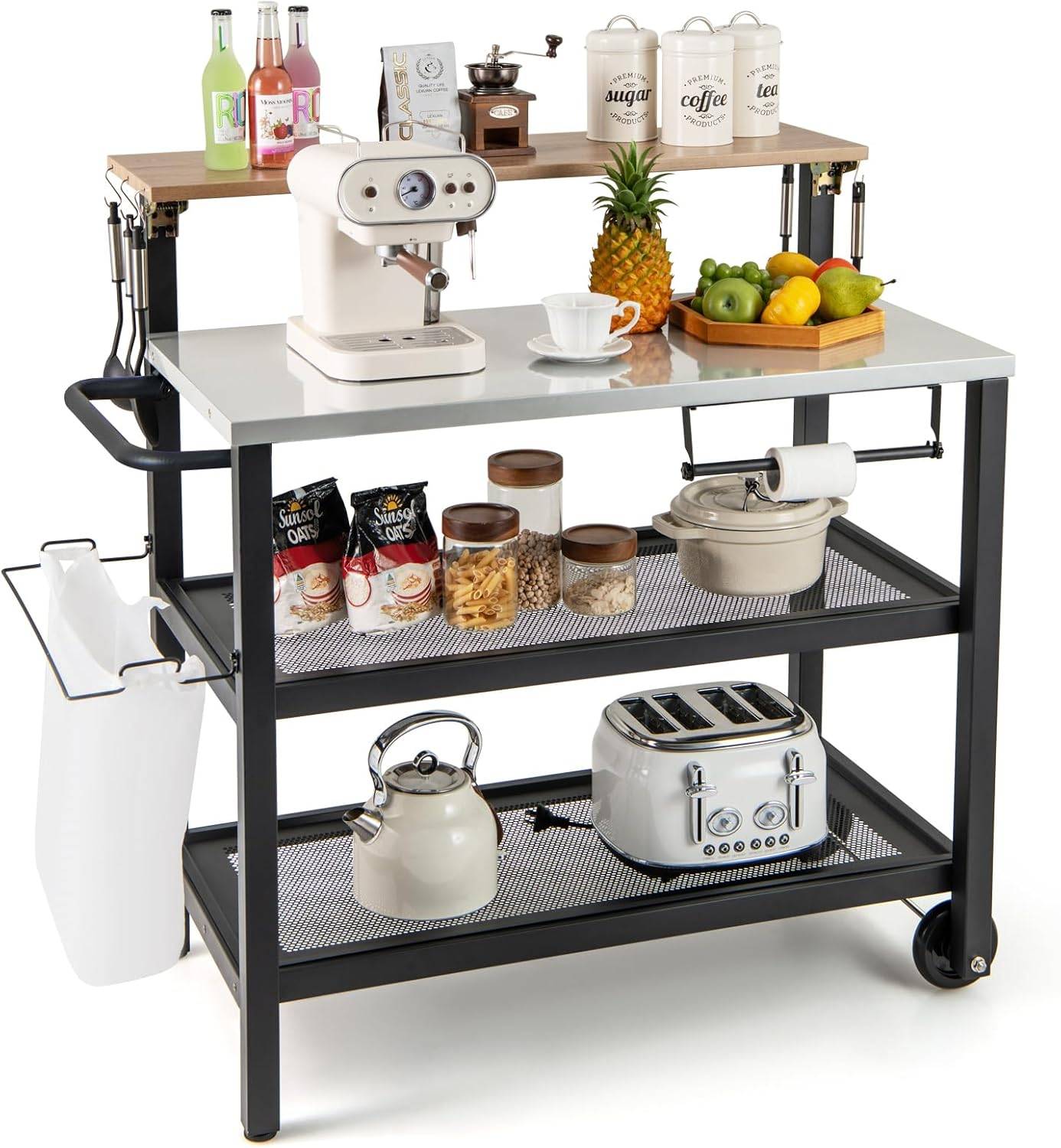 Desserte Extérieure à roulettes avec Table Rabattable, Chariot Service de Cuisine à 3 Étagères - Image 1