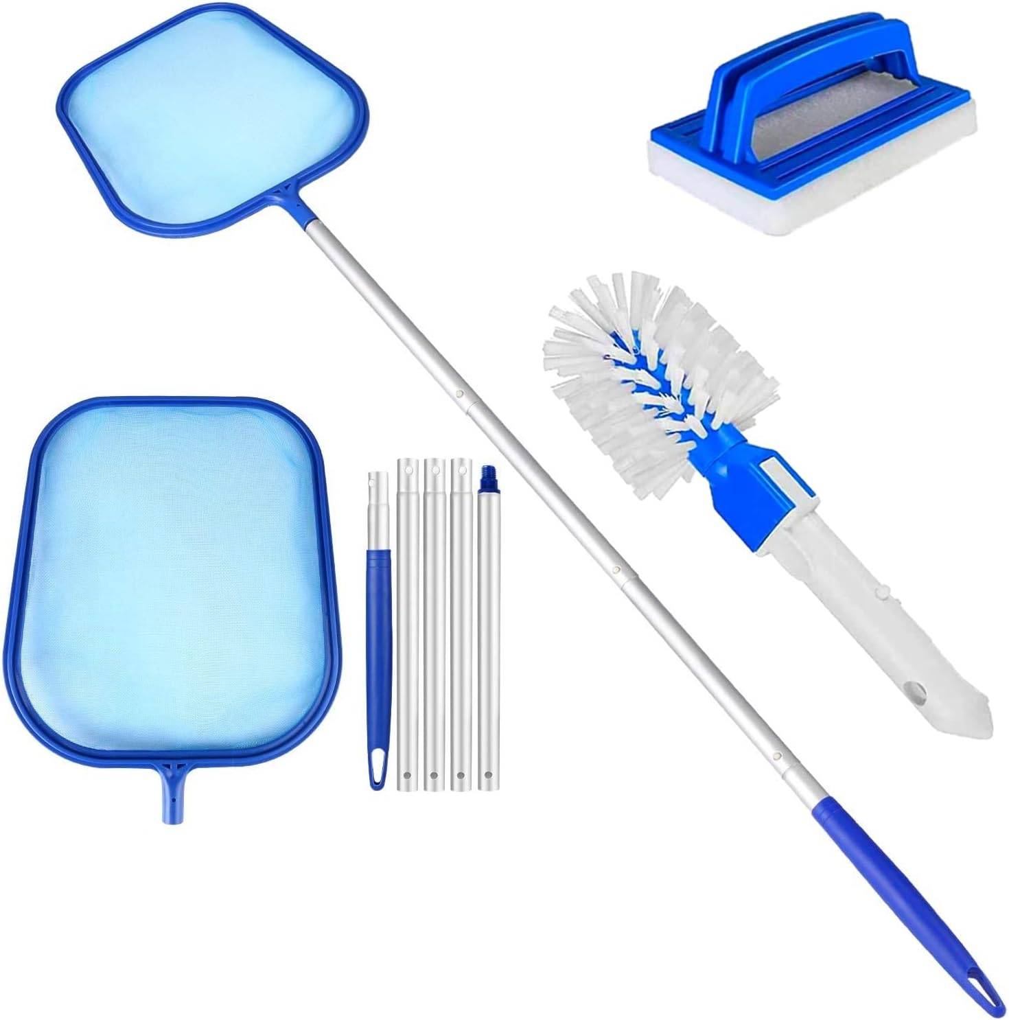 Kit de nettoyage de piscine avec manche télescopique en aluminium à 5 sections, brosse à tampon et brosse de nettoyage - IntiMeg - Image 1