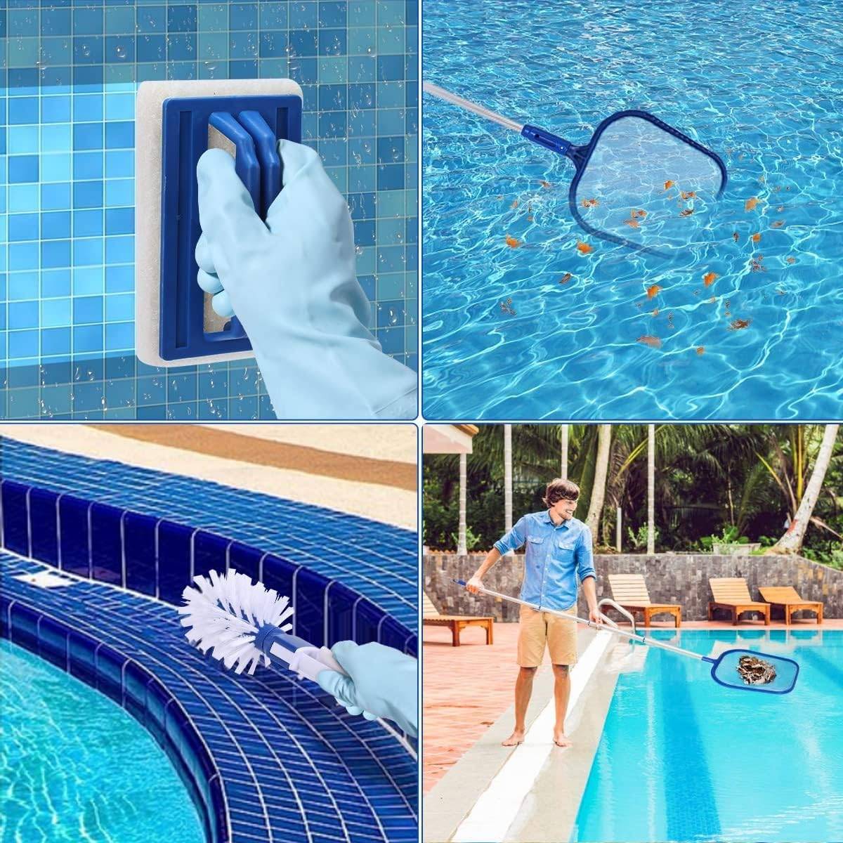 Kit de nettoyage de piscine avec manche télescopique en aluminium à 5 sections, brosse à tampon et brosse de nettoyage - IntiMeg - Image 3