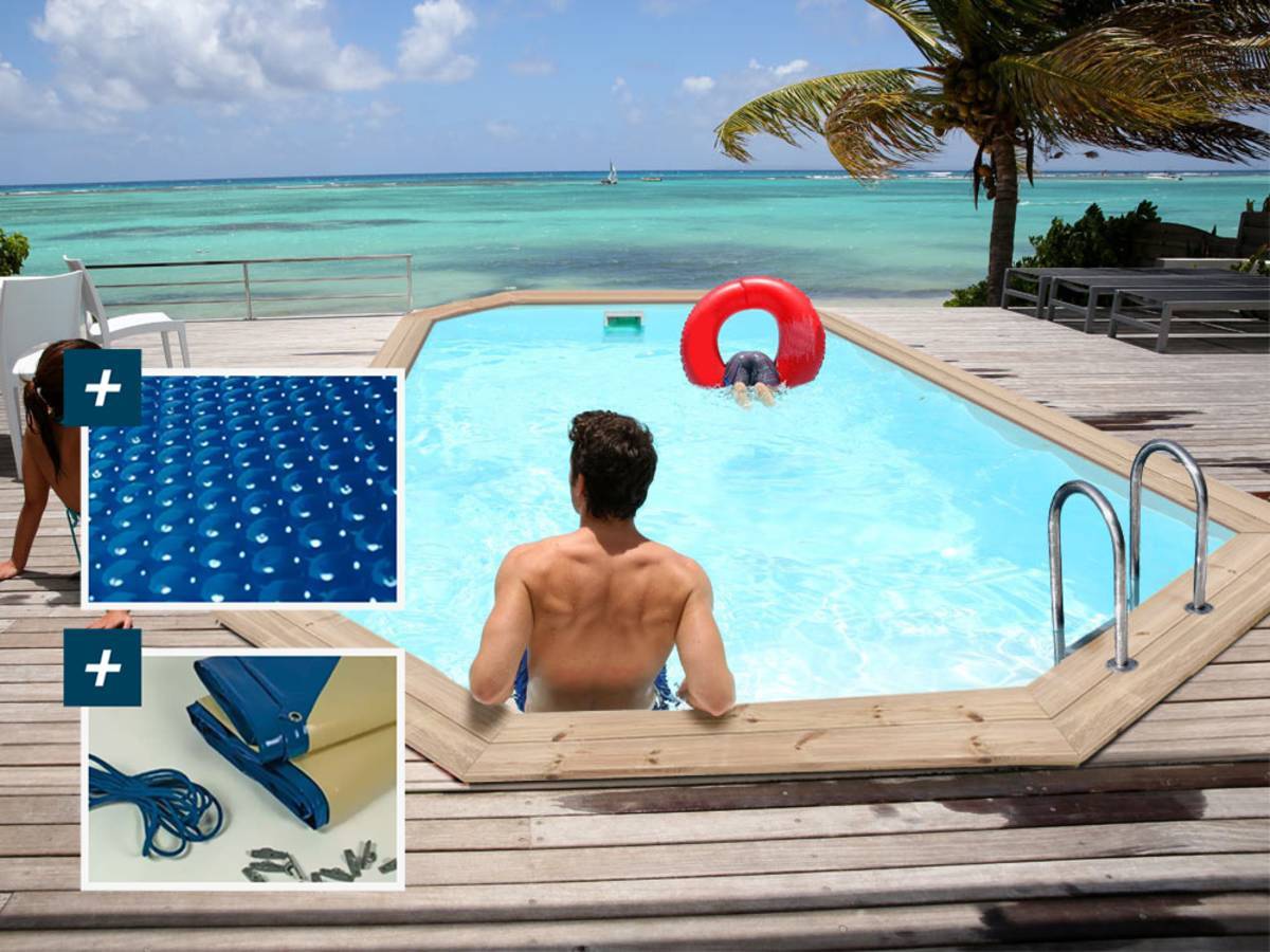 Piscine Bois " Cordoue " - 3.48 X 2.15 X 1.18 M + Bâche à Bulles 180 µ - Bâche Hiver 280 G/m² -habitat Et Jardin