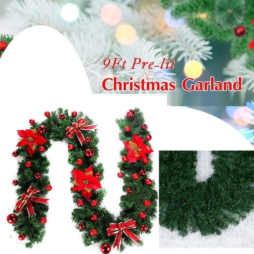 Guirlande de Noël artificielle avec lumières, 2,7 m, cheminées, escaliers, guirlandes décorées, sapin de Noël, décoration festive (rouge) - Image 4