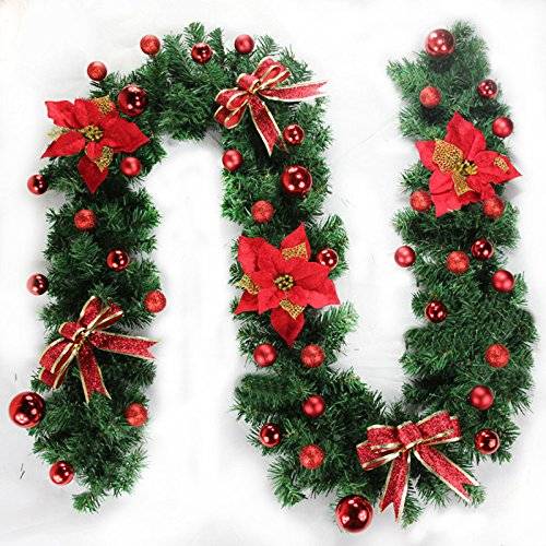 Guirlande de Noël artificielle avec lumières, 2,7 m, cheminées, escaliers, guirlandes décorées, sapin de Noël, décoration festive (rouge) - Image 1
