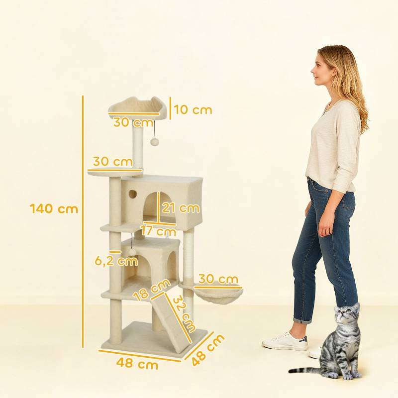 Arbre à Chat 140cm Sisal Hamac Niche Griffoir Jeu Beige - ComfortXL Outdoor Living - Image 3