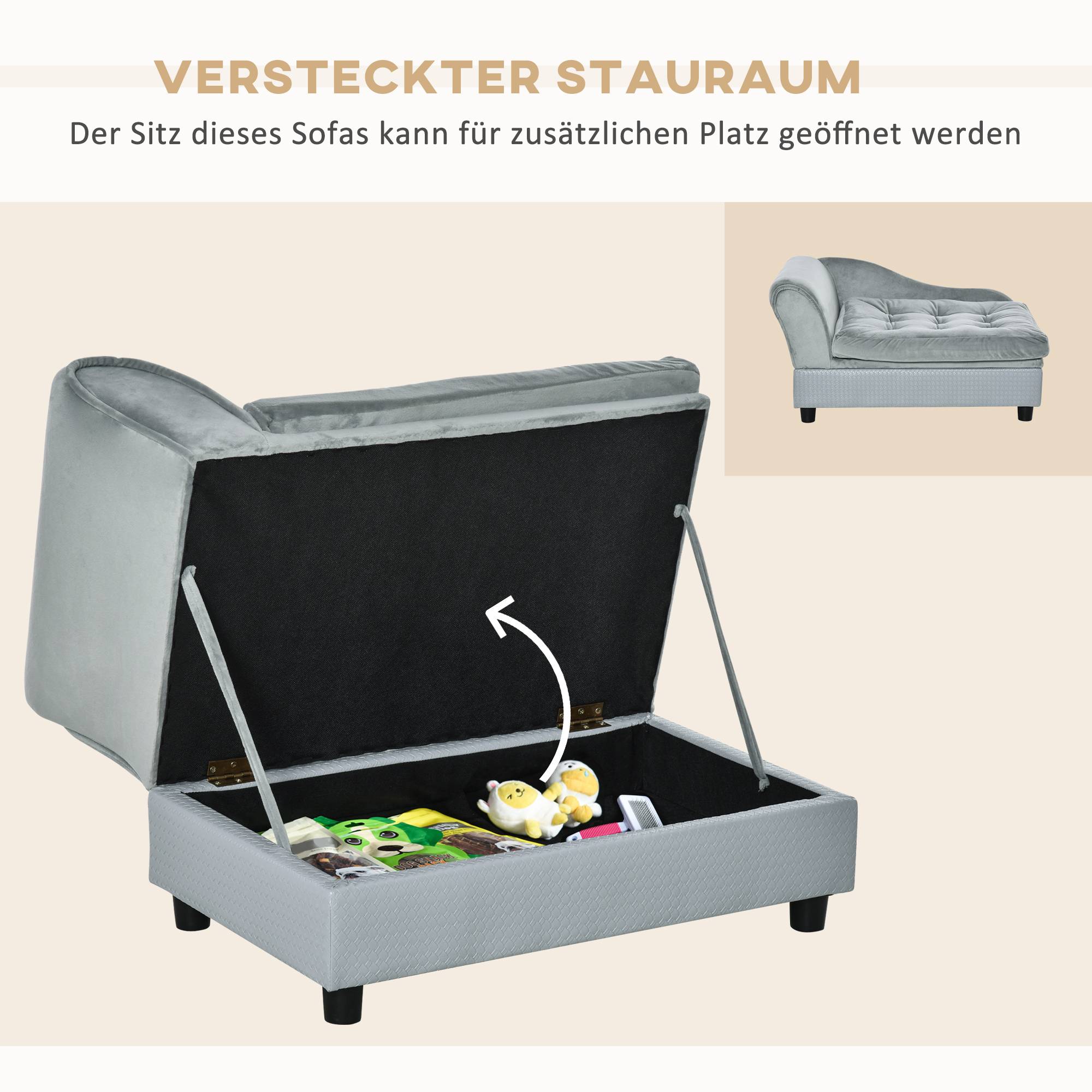ComfortXL - Canapé pour chien et chat en bois peluche gris clair avec rangement intégré coussin moelleux charge 15 kg - Image 5