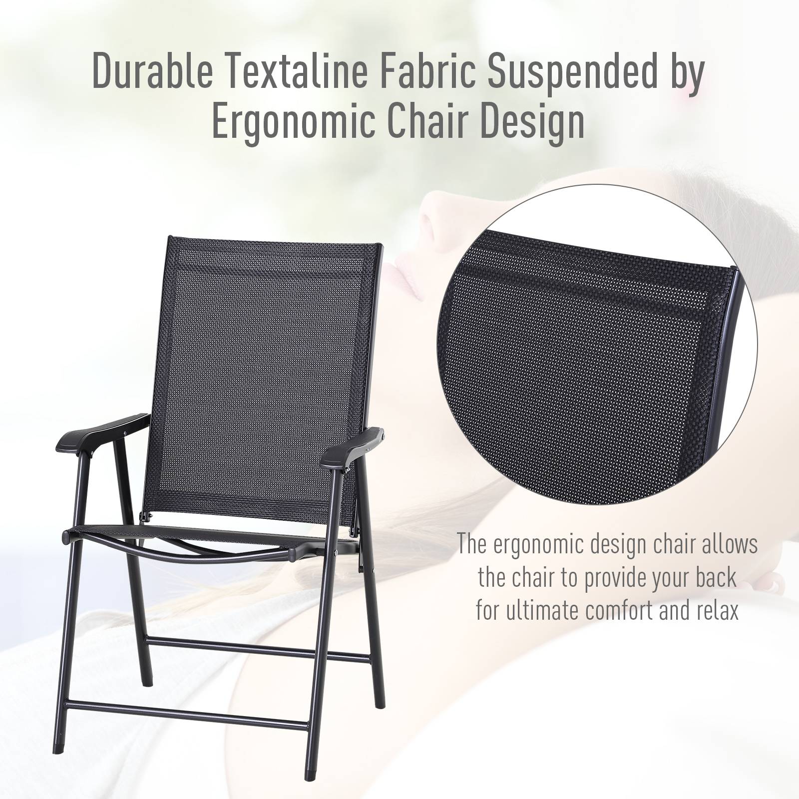 Lot 2 Chaises Camping Pliantes Accoudoirs Métal Jardin Noir 58x64x94cm - ComfortXL Outdoor Living - Image 4