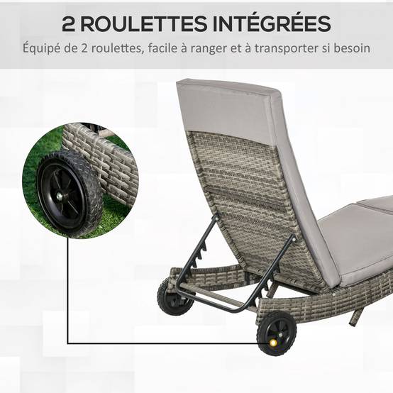 Bain de soleil transat grand confort - dossier inclinable 5 positions 207x70x70cm Résine Gris fr114 - Image 6