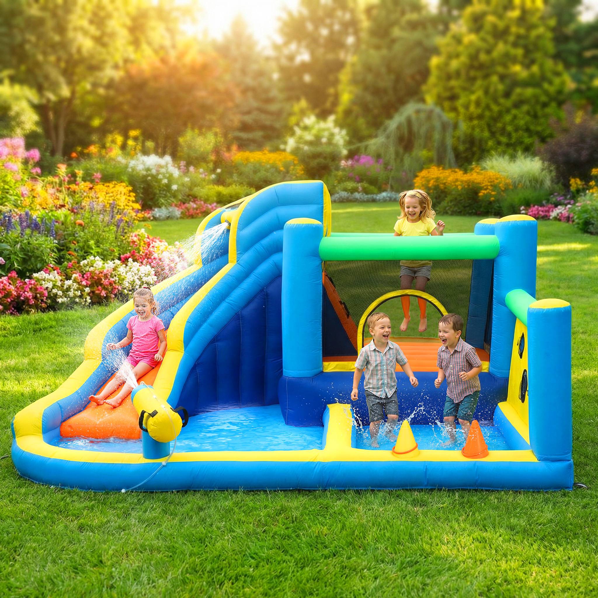 Château gonflable avec souffleur 8 en 1, parc aquatique, toboggan, trampoline, piscine à balles, oxford, multicolore - Image 4