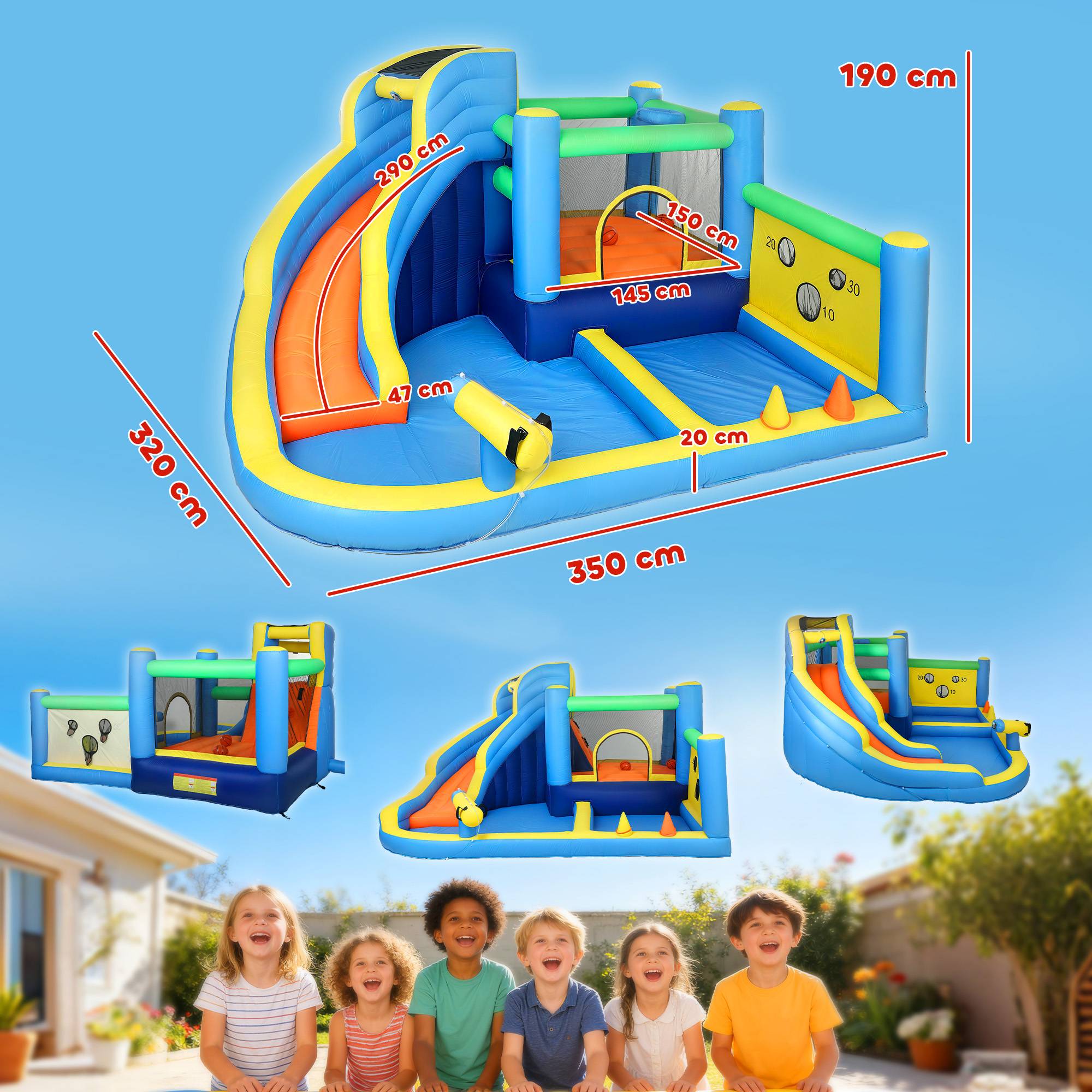 Château gonflable avec souffleur 8 en 1, parc aquatique, toboggan, trampoline, piscine à balles, oxford, multicolore - Image 5