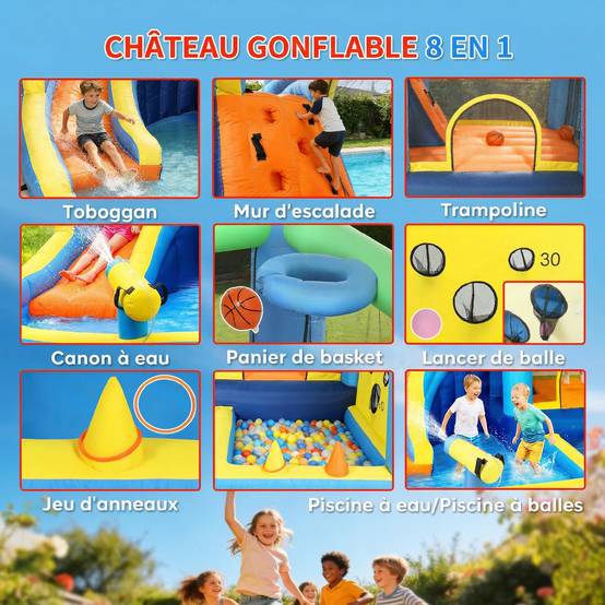 Château gonflable avec souffleur 8 en 1, parc aquatique, toboggan, trampoline, piscine à balles, oxford, multicolore - Image 6