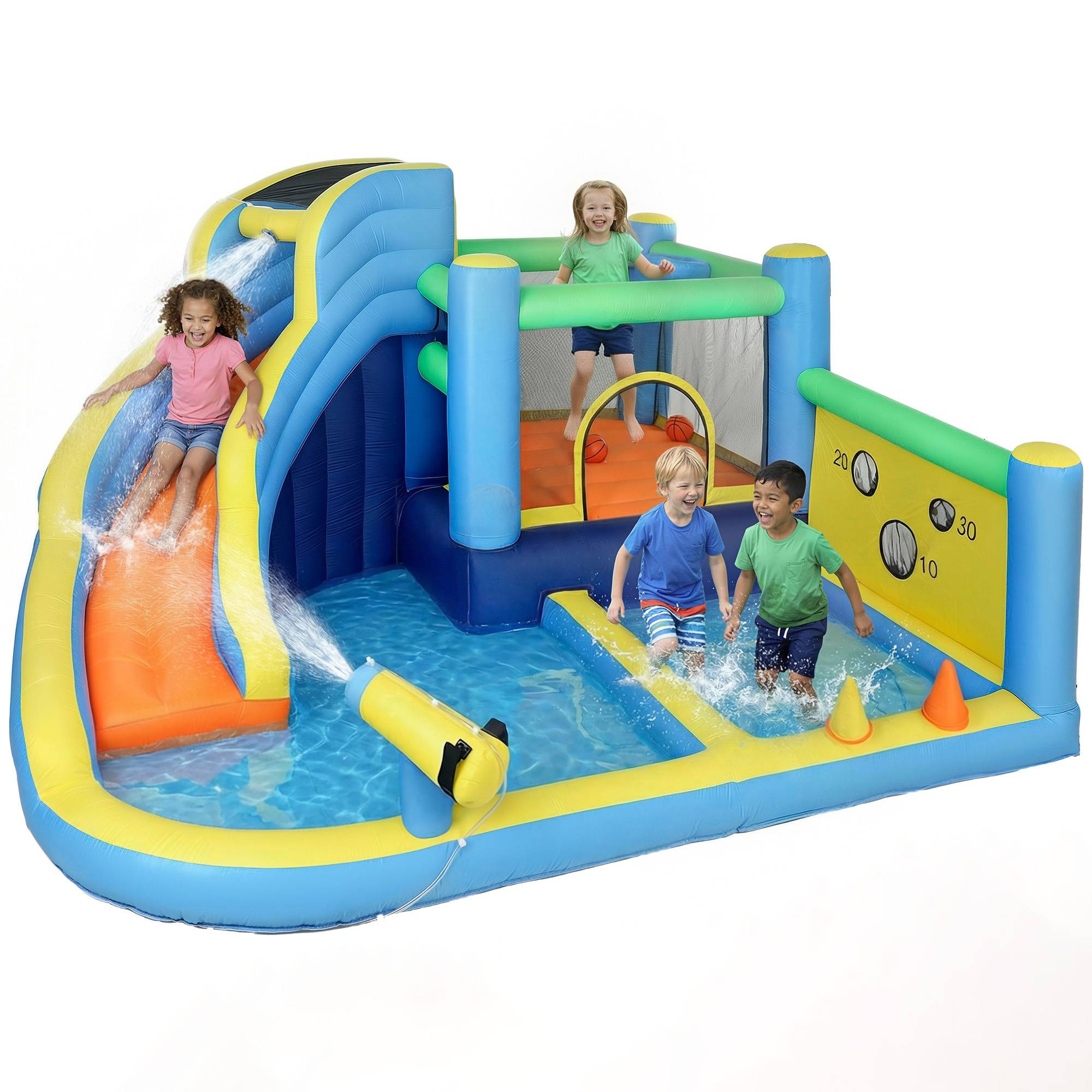 Château gonflable avec souffleur 8 en 1, parc aquatique, toboggan, trampoline, piscine à balles, oxford, multicolore