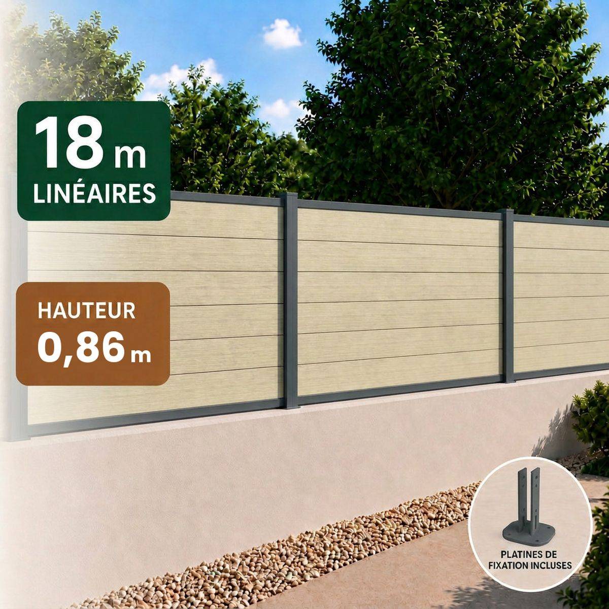 Direct Abris - Kit clôture RECIFE Bois Composite sable 18,07m poteau 60x70mm gris sur platines 0,86m