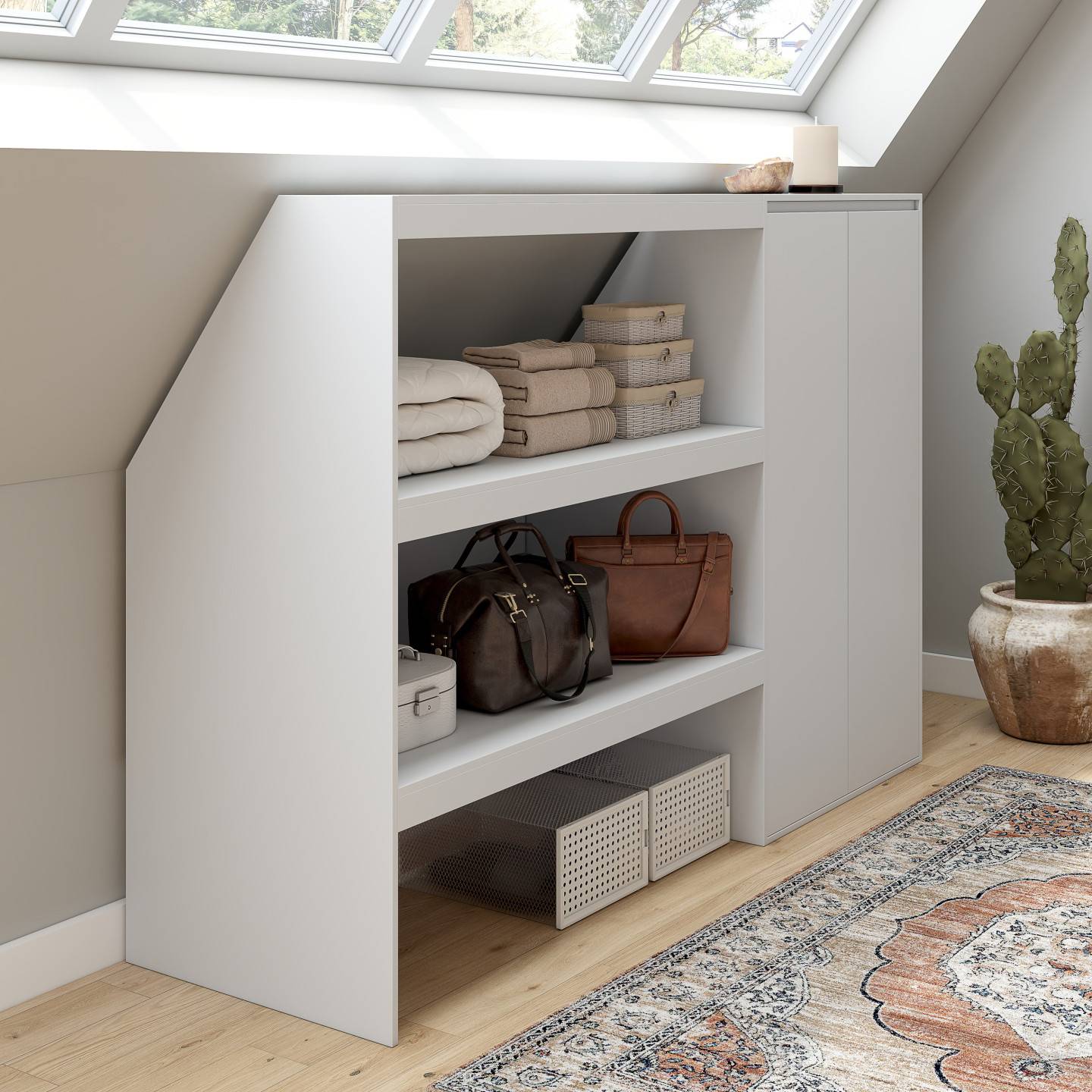 IDMARKET - Ensemble étagère 2 niveaux + armoire 2 portes sous pente TOMI blanc