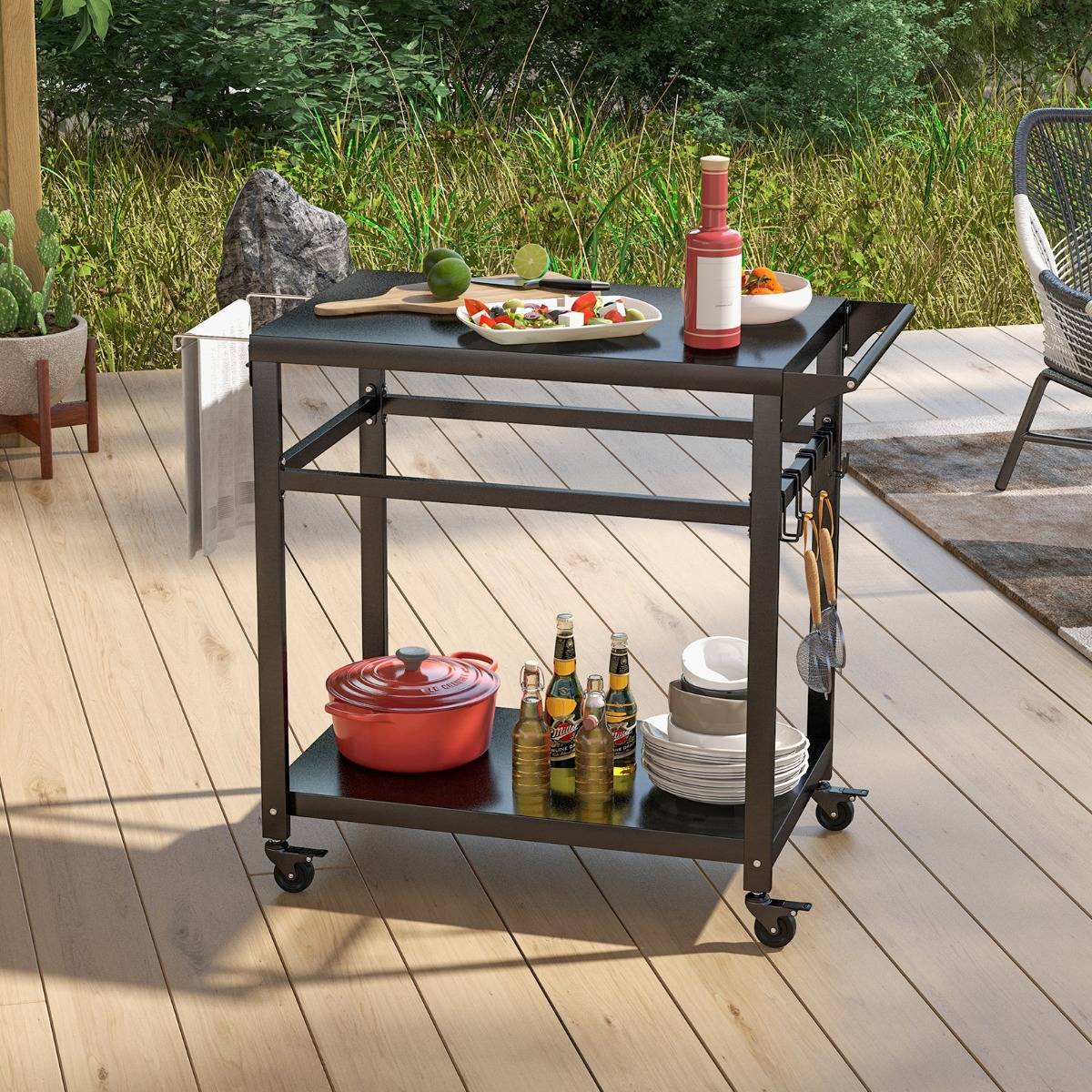 Chariot pour Plancha / Barbecue à 2 Etagères Desserte de Jardin sur Roulettes avec 4 Crochets 108 x 50,5 x 88 CM Noir - Image 4