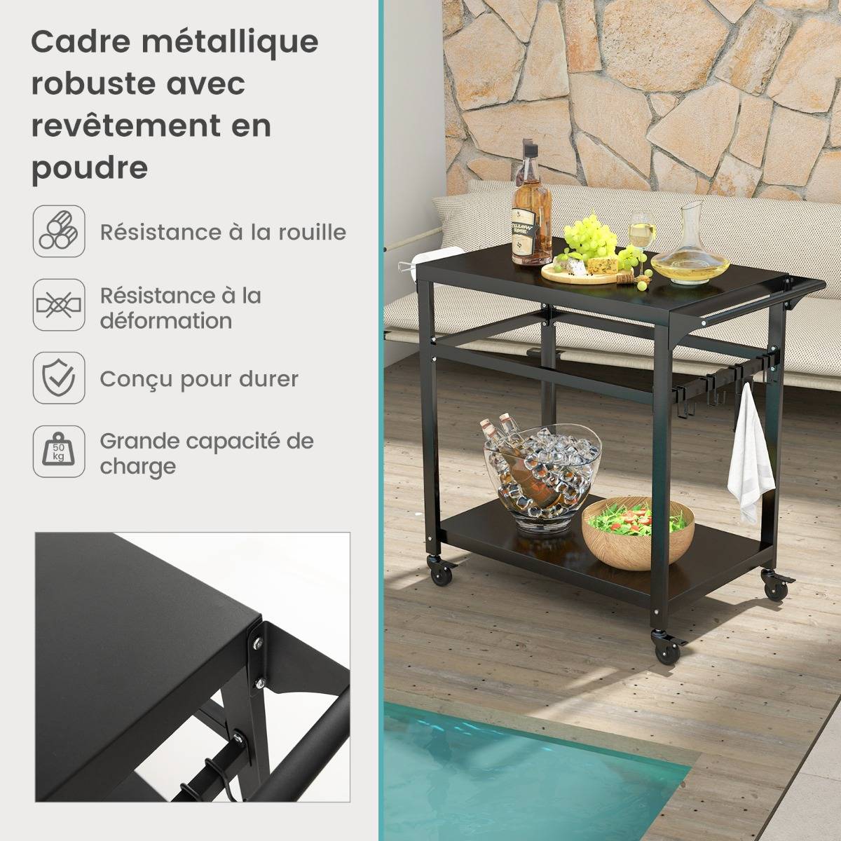 Chariot pour Plancha / Barbecue à 2 Etagères Desserte de Jardin sur Roulettes avec 4 Crochets 108 x 50,5 x 88 CM Noir - Image 6