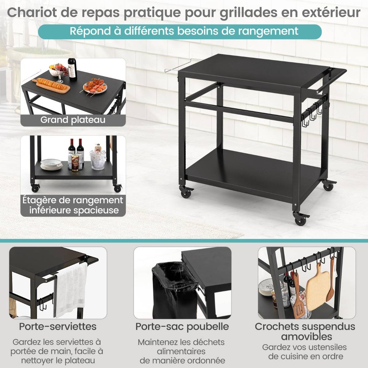 Chariot pour Plancha / Barbecue à 2 Etagères Desserte de Jardin sur Roulettes avec 4 Crochets 108 x 50,5 x 88 CM Noir - Image 5
