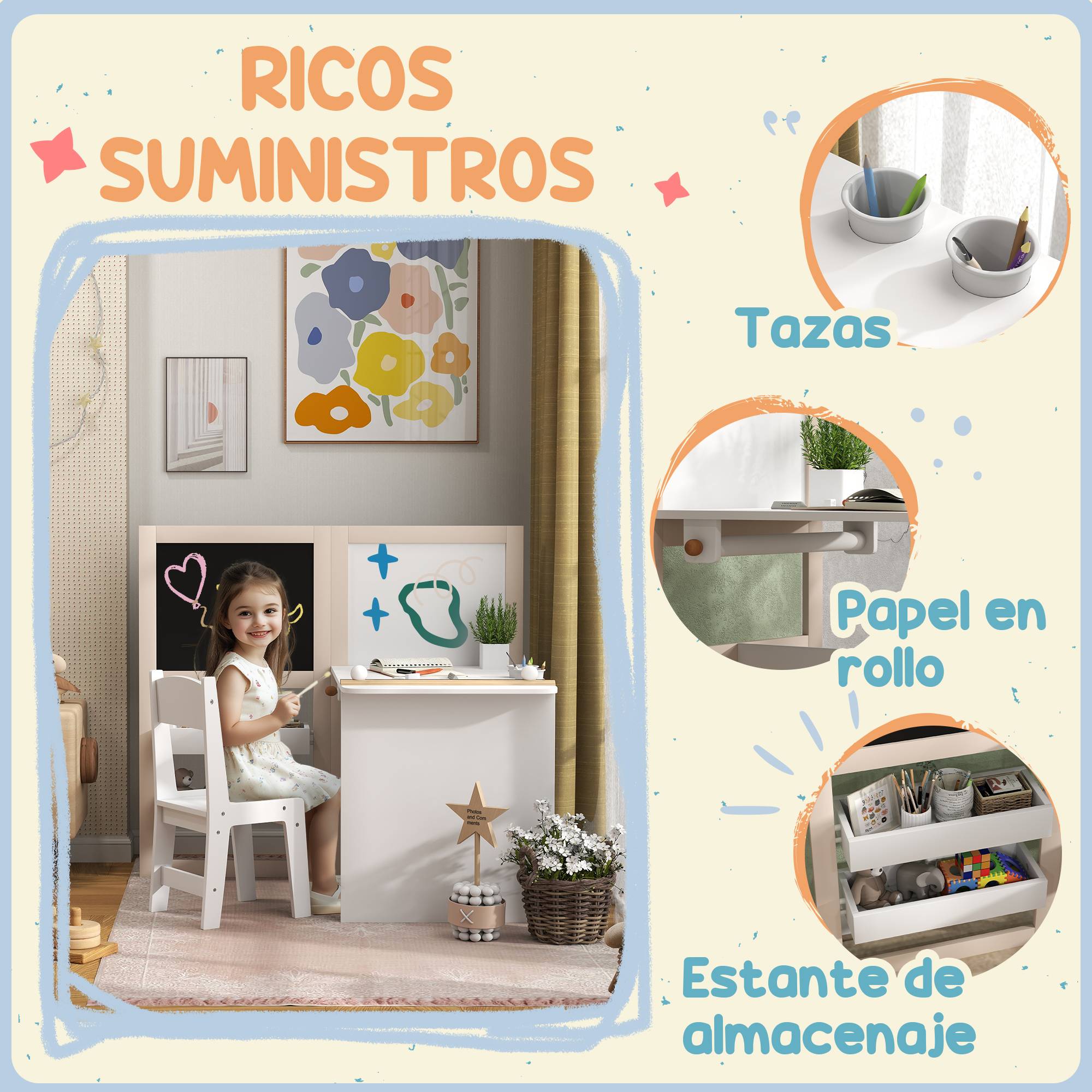 Table enfant avec chaise et chevalet pliable, +3 ans avec étagères et rouleau papier, blanc - Image 8