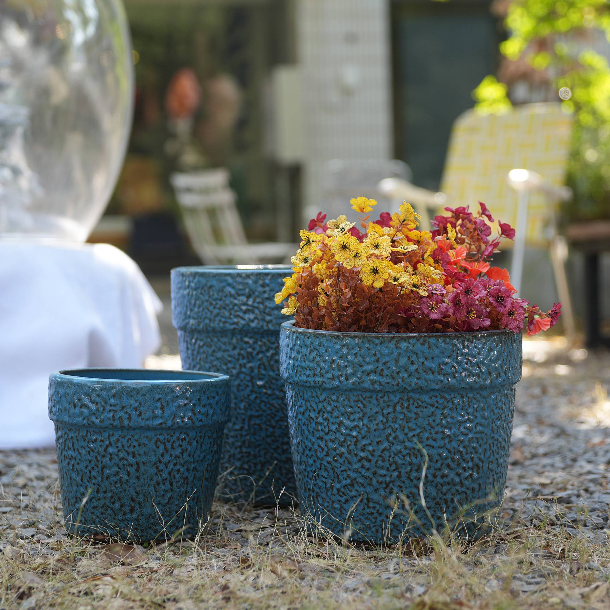 PANGIVO - Ensemble de 3 pots de fleurs en céramique avec finition bleu antique, Ø 38,1/30,5/22,9 cm - PANGIVO
