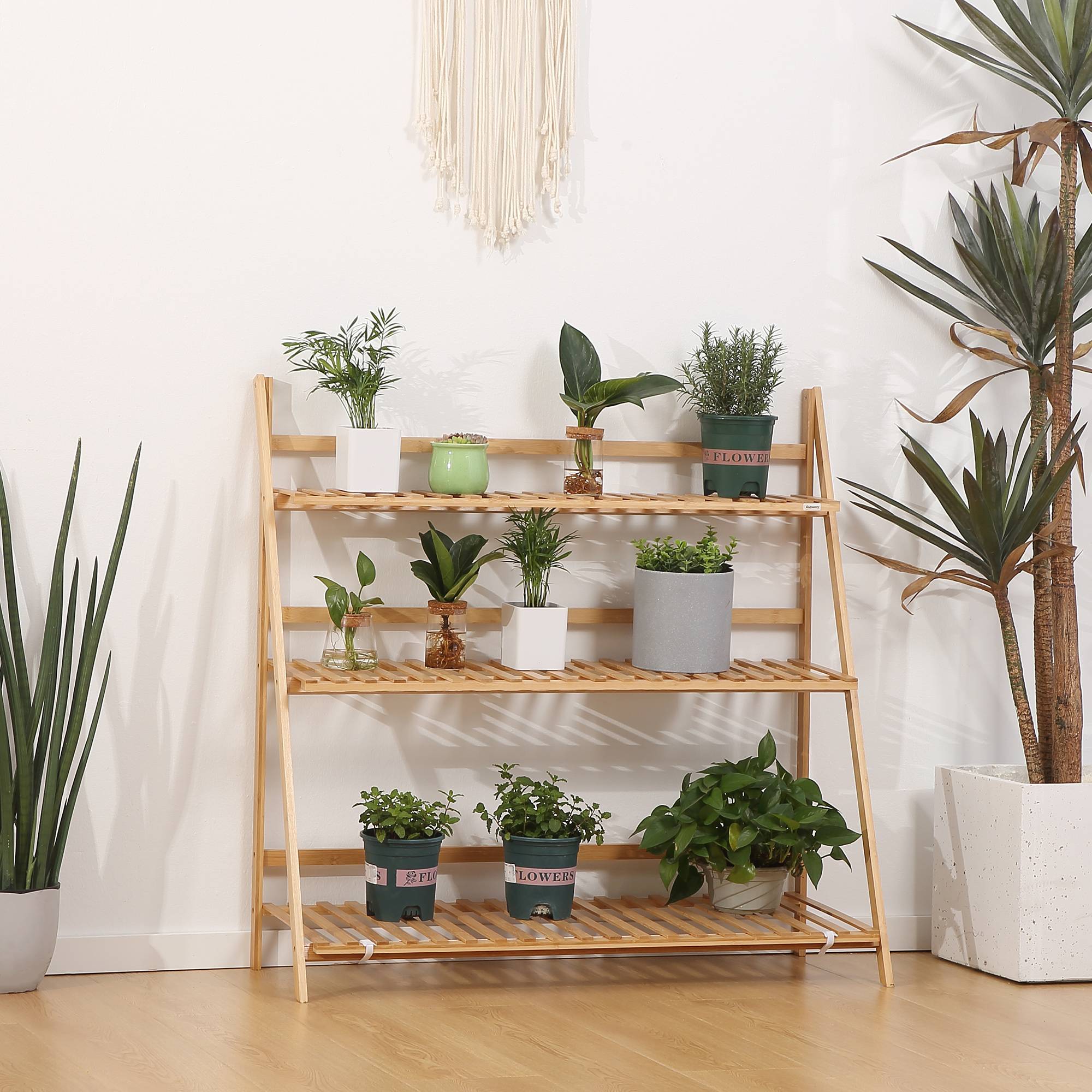 Support en bambou naturel 100x39x97 cm en échelle pour fleurs, pliable, accessoire design sobre pour extérieur pratique et gain de place - Image 4